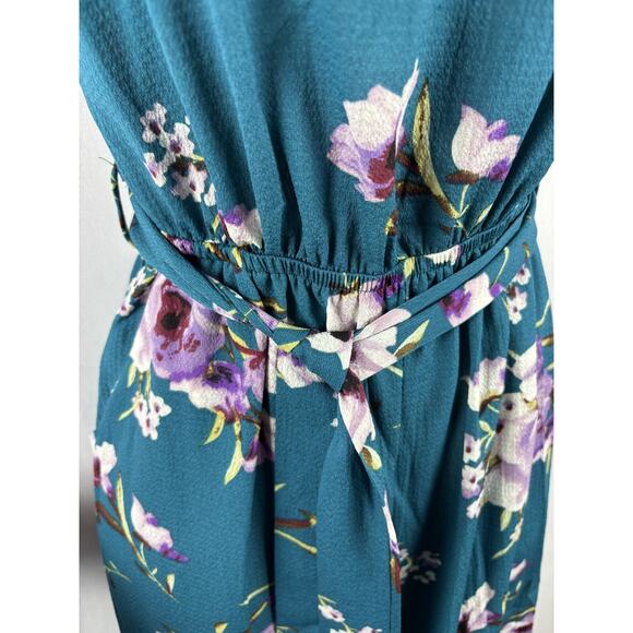 BelongSci Teal Floral Jumpsuit | XS | Wide Leg Sleeveless Romper with Belt - Picture 2 of 8